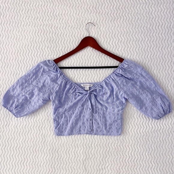 Primark Tops - Primark Cropped Blouse Womens Size 2 Lilac Puff-Sleeve Off-Shoulder Soft Casual